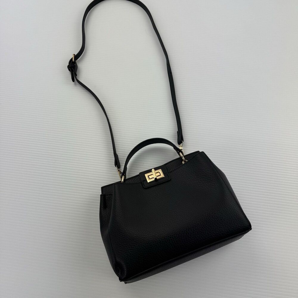 Black Faux Leather Top Handle Crossbody Bag Gold Turn Lock Purse - Picture 10 of 10